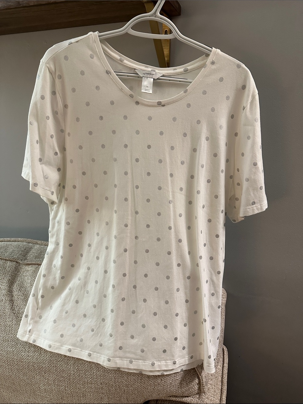 CJ Banks Cream Cotton Short Sleeve Tee with Silver Polka Dots